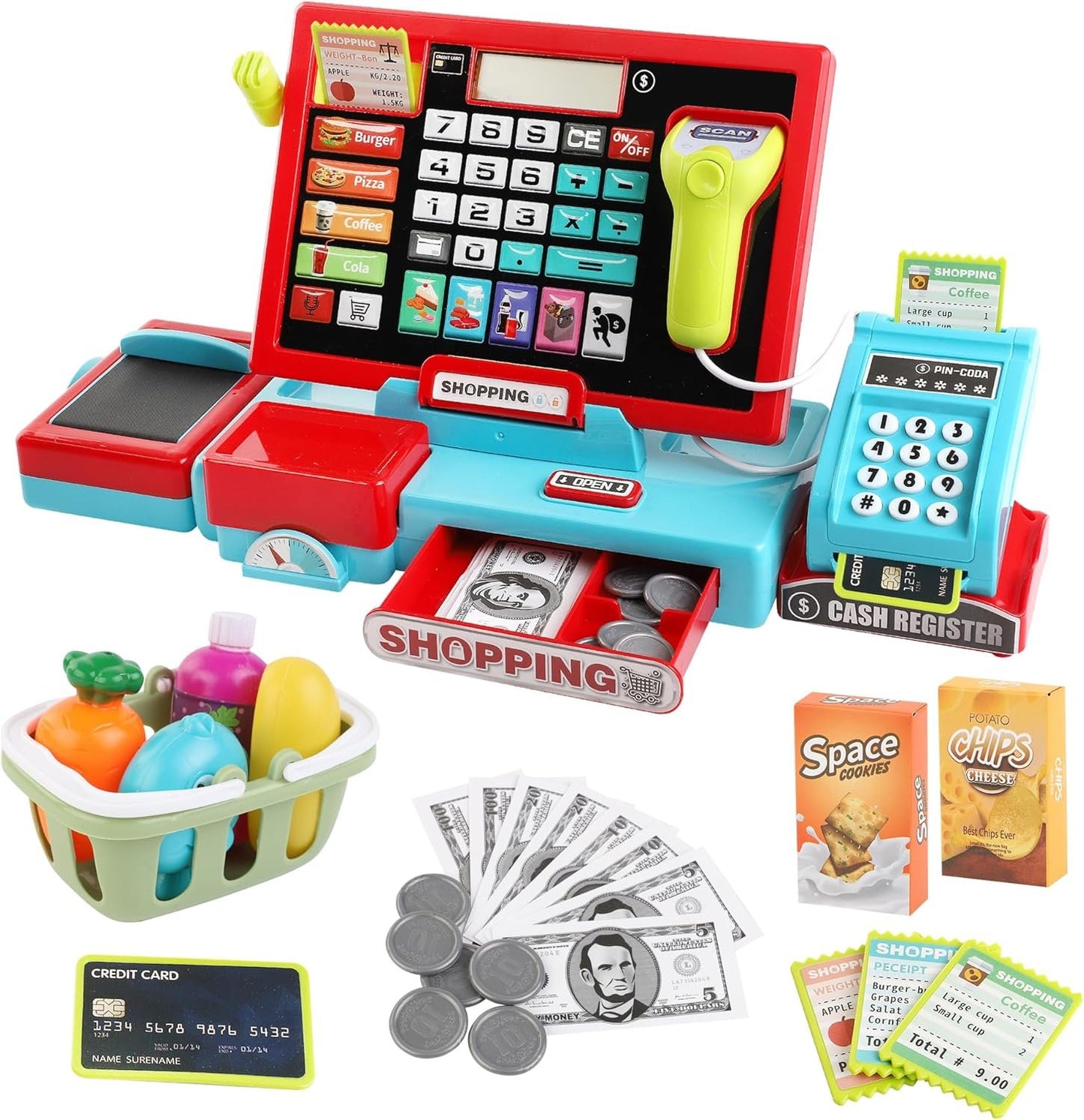 PanKome Cash Register Toys for Kids - Interactive Pretend Play Grocery Store Set with Calculator, Scanner, Food, Microphone, Educational Learning Toy for Toddler Boys and Girls 3 4 5 6 7 8 Year Old