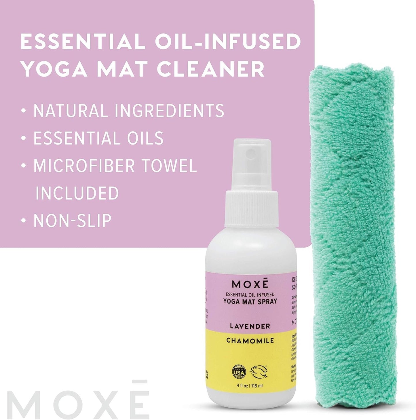MOXĒ Yoga Mat Cleaner Spray, Lavender & Chamomile Essential Oils, Safe for All Mats & Exercise Equipment, Odor & Sweat Protection, Includes Microfiber Cleaning Towel, Green America Certified, 4 Ounces (2 Pack)