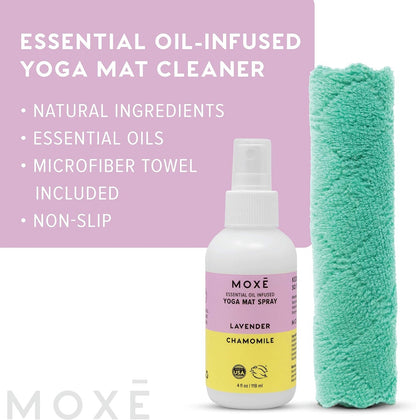 MOXĒ Yoga Mat Cleaner Spray, Lavender & Chamomile Essential Oils, Safe for All Mats & Exercise Equipment, Odor & Sweat Protection, Includes Microfiber Cleaning Towel, Green America Certified, 4 Ounces (2 Pack)