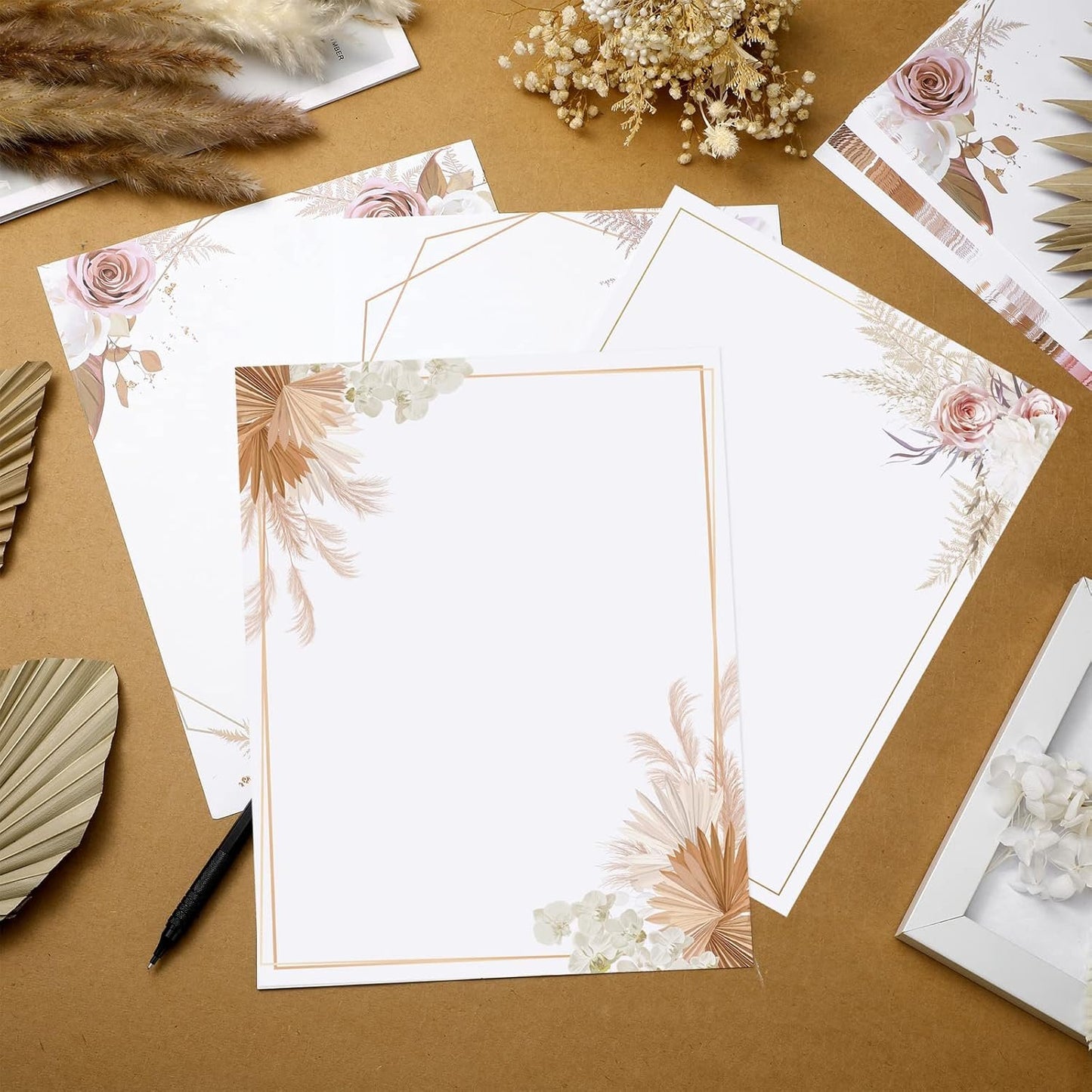 Teling 48 Sheets Decorative Printer Paper Writing Scrapbook Wedding Program Paper 8.27 x 10.6 Inches Greenery Flower Border Writing for Drawing Office Thank Greeting Stationery Supplies(Reed)