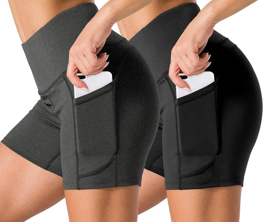 Holure Women's (Pack of 2) High Waist Yoga Shorts Workout Gym Running Biker Compression Shorts with Pockets