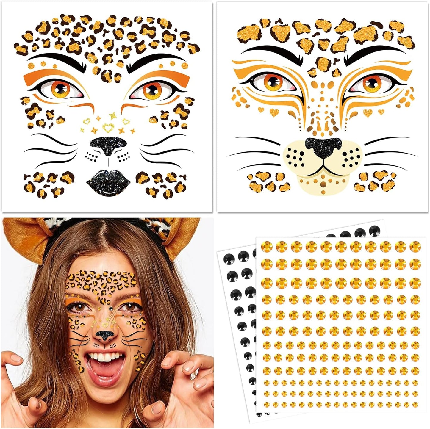 DPKOW Face Tattoos Leopard Costume Ladies Leopard Face Tattoo Halloween Leopard Temporary Tattoos Glitter Stones Face Make-up Leopard Cosplay Costumes Carnival Accessories