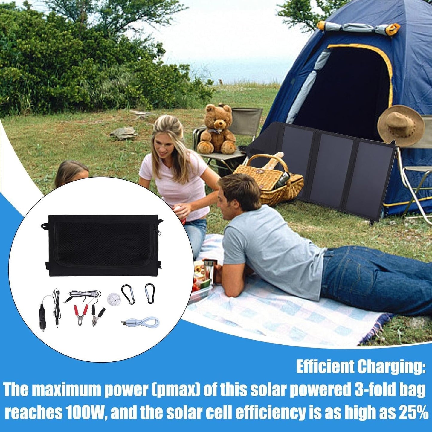 Solar Charger - Outdoor Solar Powered Charger | Tri-Fold Portable Solars Battery Generator Panel | 100w Double USB Laptop, Smartphone, Tablet Power Bank For Fishing, Hiking, Camping And Road Trip