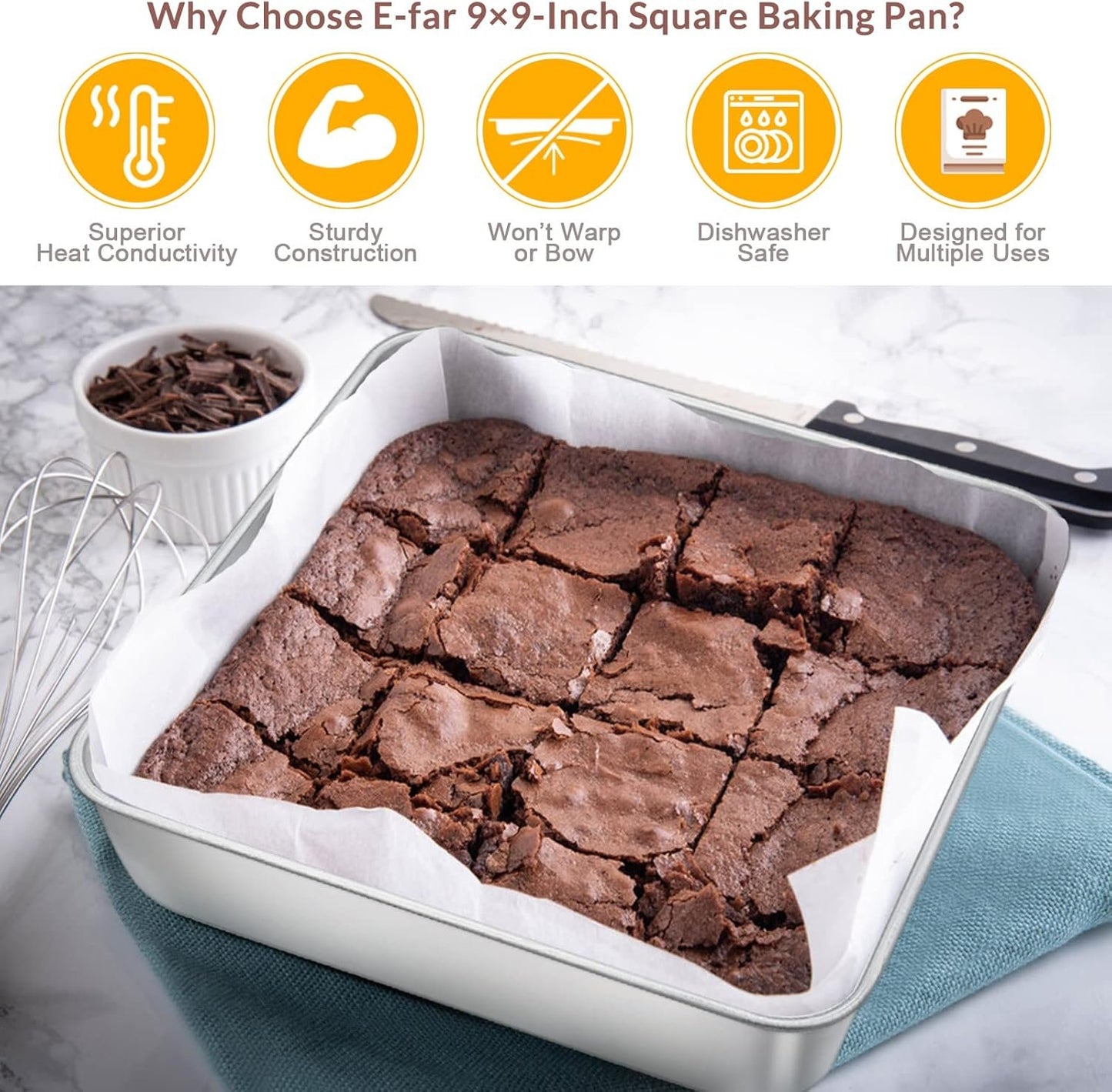 9 x 9-Inch Baking Pan, E-far Square Cake Brownie Baking Pans Stainless Steel Bakeware Set of 2, Fits in Small Toaster Oven, Non-Toxic & Dishwasher Safe