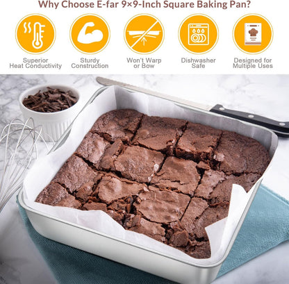 9 x 9-Inch Baking Pan, E-far Square Cake Brownie Baking Pans Stainless Steel Bakeware Set of 2, Fits in Small Toaster Oven, Non-Toxic & Dishwasher Safe