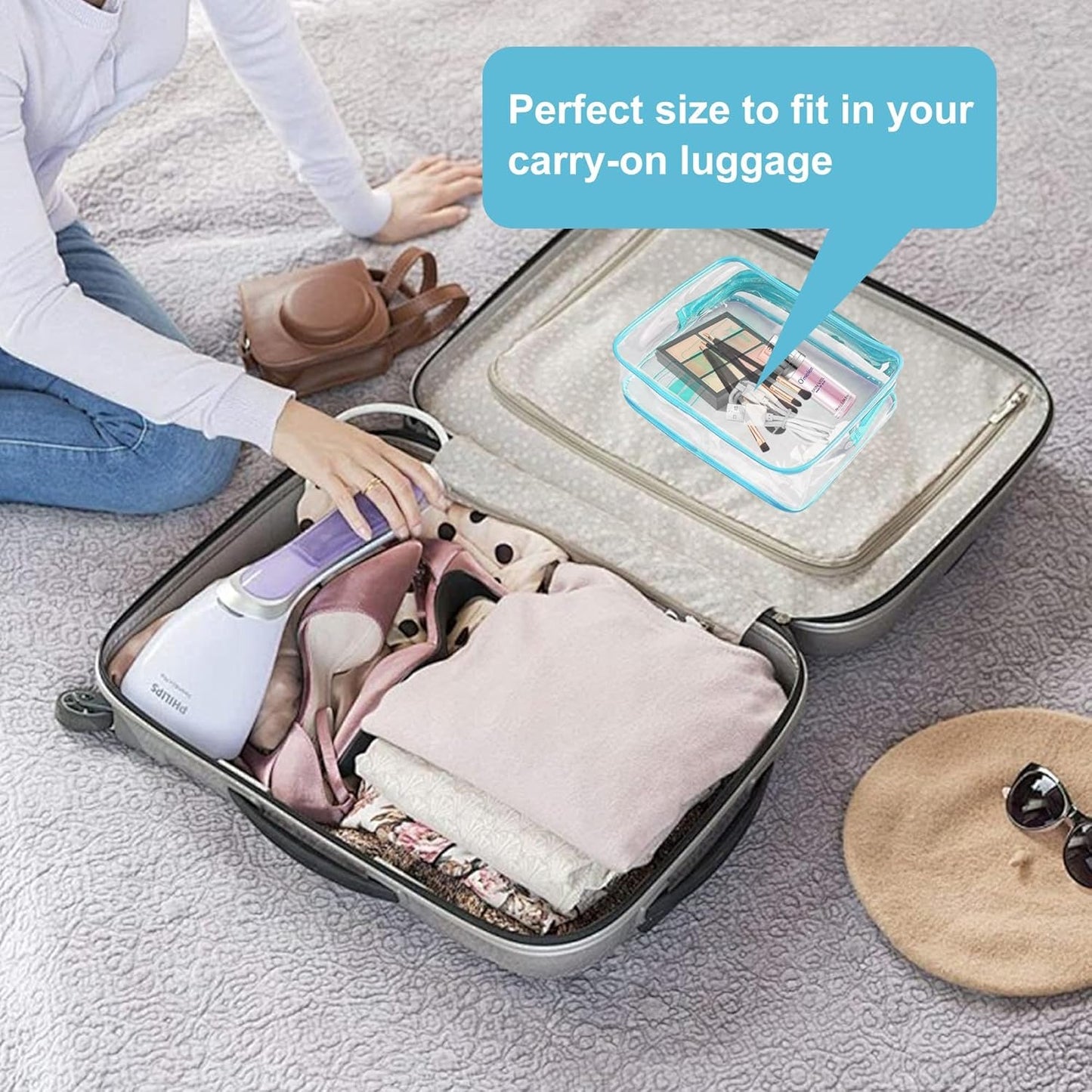 TECDW Clear Travel Toiletry Bag, 2PCS TSA Approved Airport Security Liquids Bags19.5x6cm, 1L Leakproof Clear Makeup Bags, Transparent Travel Wash Bag Holiday Essentials Luggage for Men Women (blue)