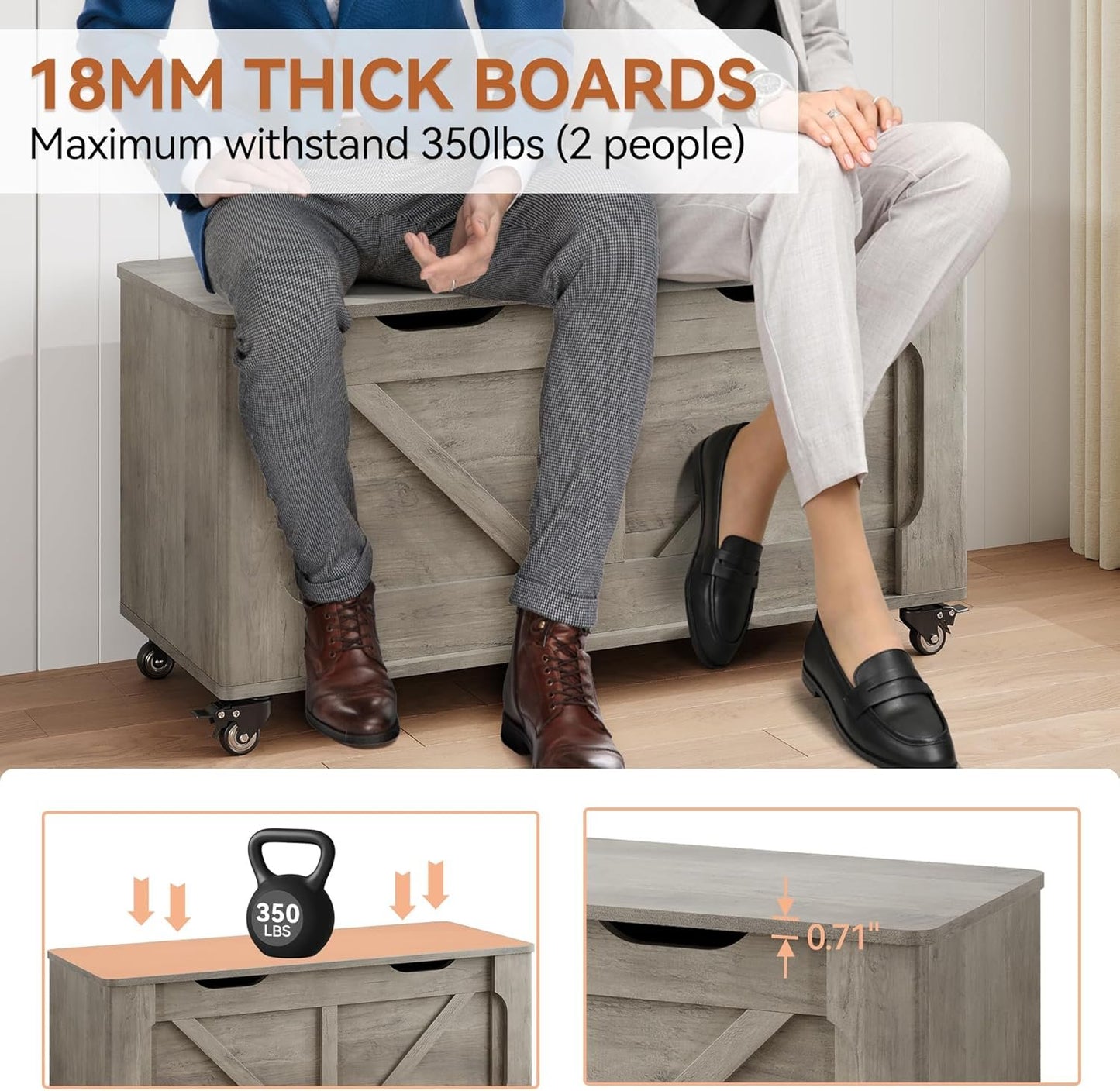 IDEALHOUSE Storage Chest, 39.4" Storage Bench, Wooden Storage Trunk with Safety Hinges, Lift-Top Entryway Bench, Supports 350 lb, Shoe Bench, for Bedroom, Living Room, Farmhouse Rustic Style, Gray