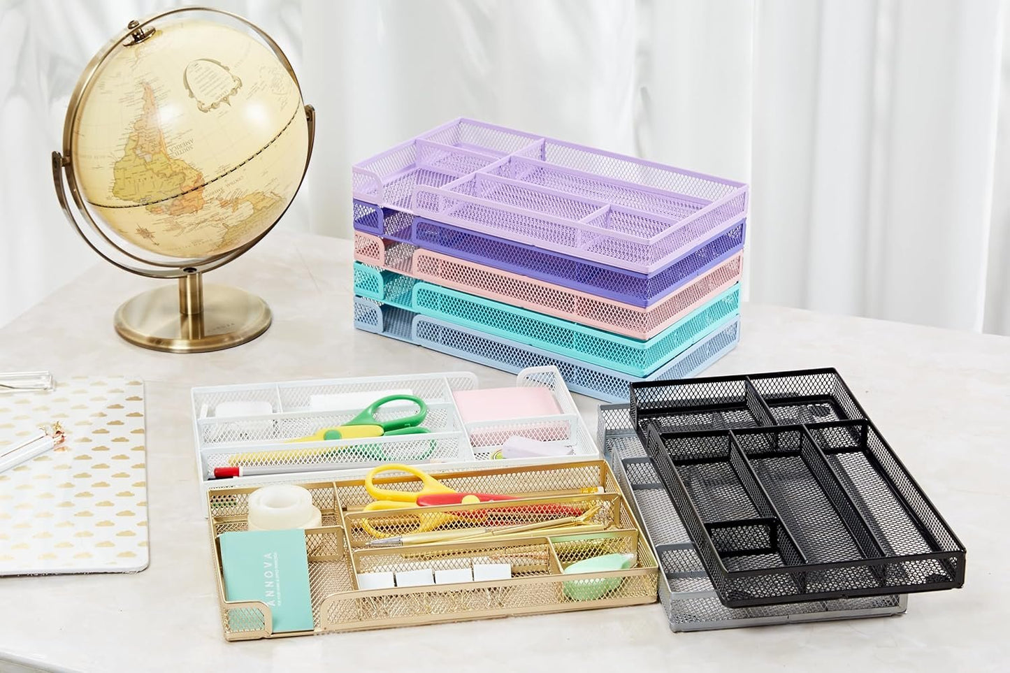 Annova Desk Drawer Organizer Tray for Office Organization - Metal Mesh - Storage Tray with Dividers for Pens, Desktop Accessories, Bathroom, Kitchen, Makeup and Office Supplies (Gold)