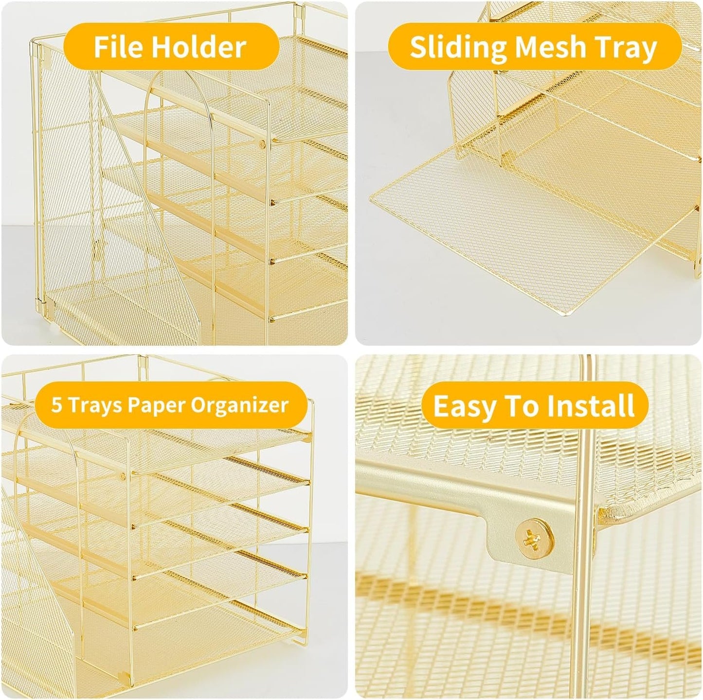 LEKETREE Desk Organizers and Accessories, 5-Tier Paper Letter Tray Organizer with File Holder, Desktop Organizer for Office Supplies, Office Desk Accessories & Workspace (Gold)