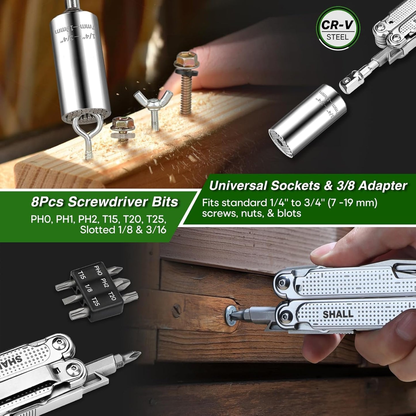 SHALL Multi Tool, 18-in-1 Multitool Pliers, Stainless Steel Multi-Tool Pocket Knife w/Screwdriver Bit & Universal Socket, Self-Locking Multipurpose Tool w/Sheath for Camping Fishing Survival Hunting