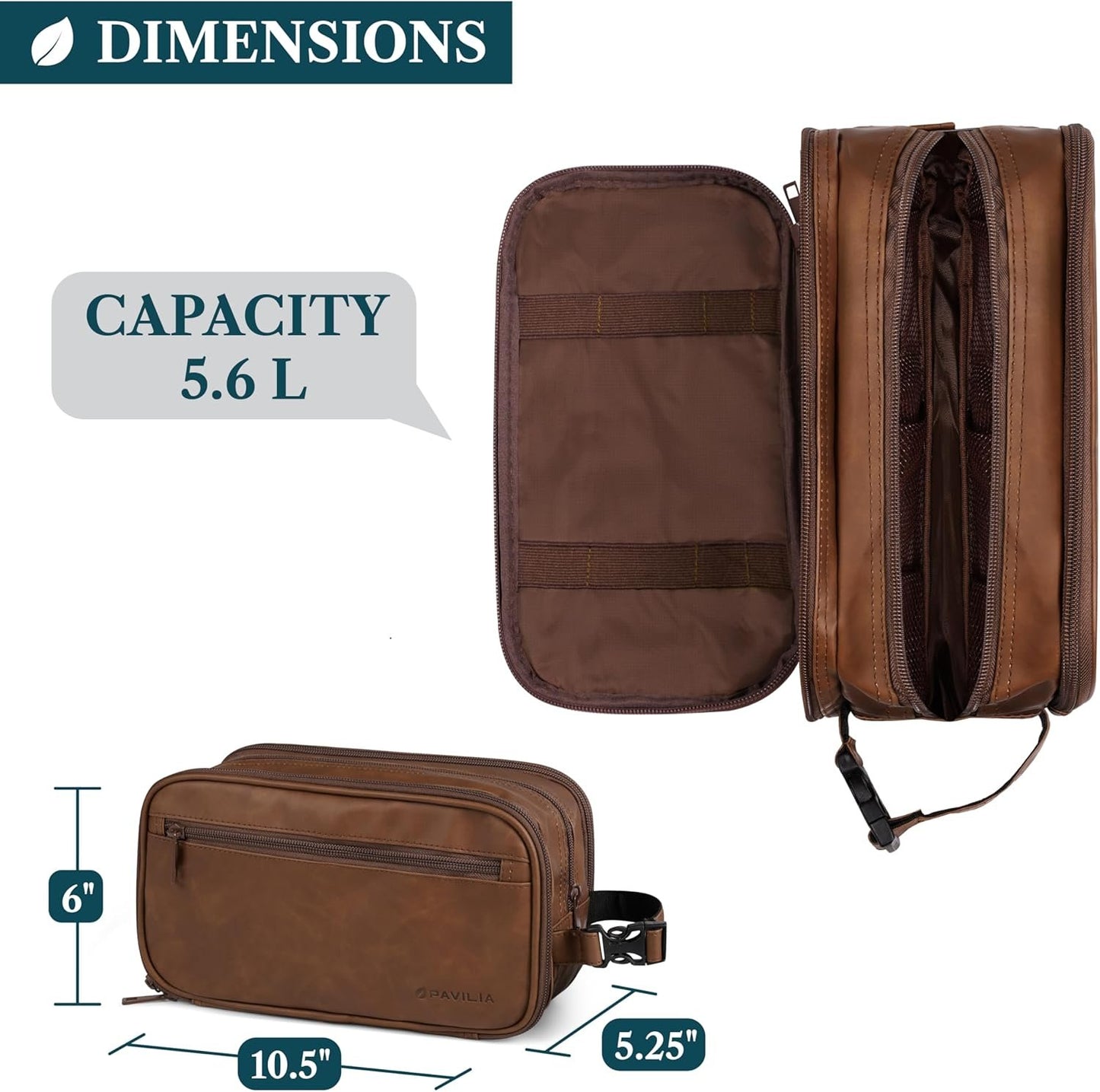 PAVILIA Toiletry Bag for Men, Travel Toiletries Bag | Water-resistant Dopp Kit, PU Leather Shaving Pouch Organizer for Accessories, Cosmetic, Hygiene, Grooming Essentials (Brown)