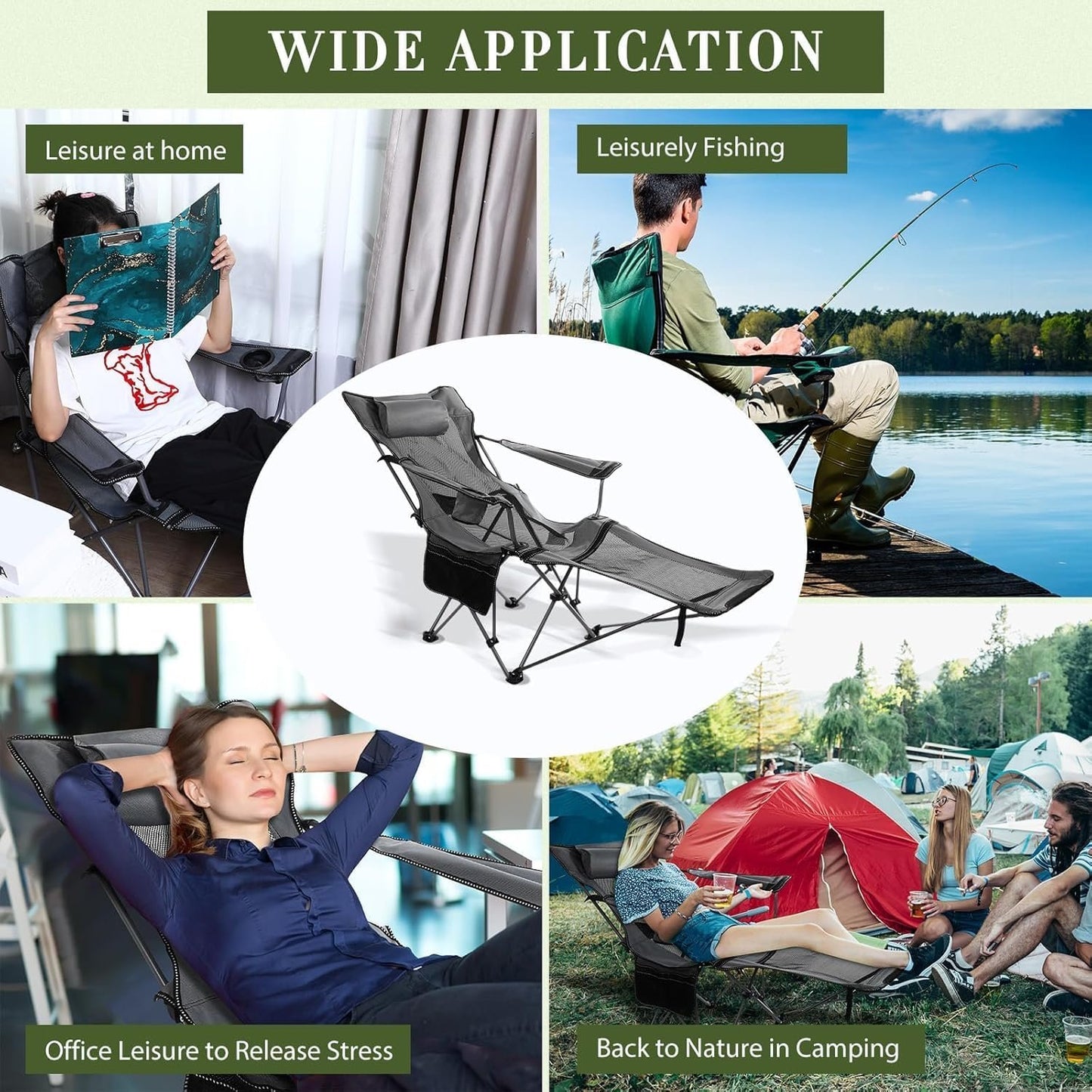 Dsocool Camping Chair Foldable Beach Chairs Adjustable High Back Lawn Chair Recliner Support 120KG with Cup Holder Pocket Carry Bag for Adult Outdoor Picnic Travel Fishing with Foot Pad (Grey)