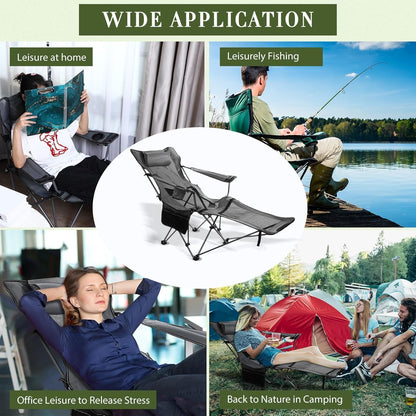 Dsocool Camping Chair Foldable Beach Chairs Adjustable High Back Lawn Chair Recliner Support 120KG with Cup Holder Pocket Carry Bag for Adult Outdoor Picnic Travel Fishing with Foot Pad (Grey)