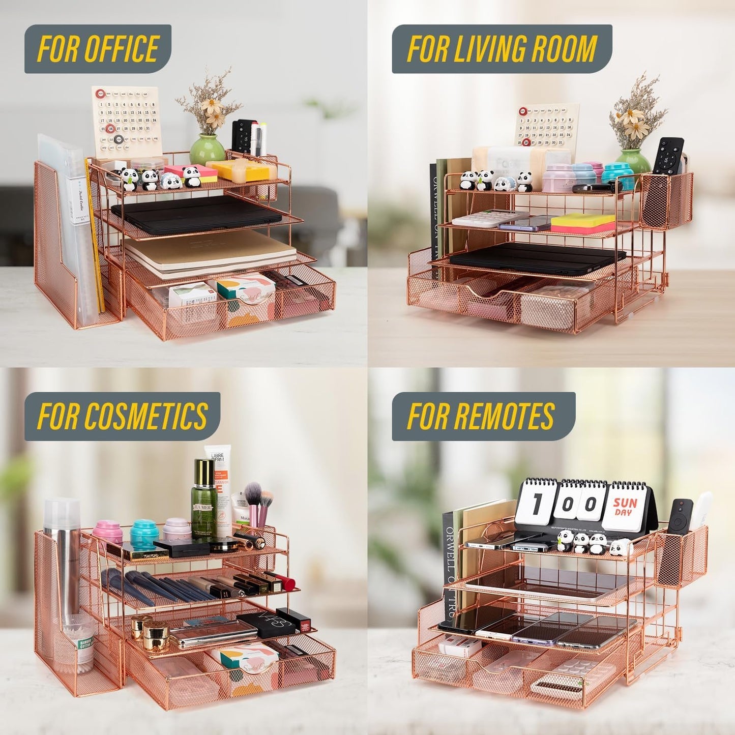 Soilsiu Desk Organizer, Office Desk Accessoreis with Drawer, 4-Tier Dorm Room Essentials for College Students, Pen Holders, Office Supplies Paper File Organizer for Desk, Rose Gold