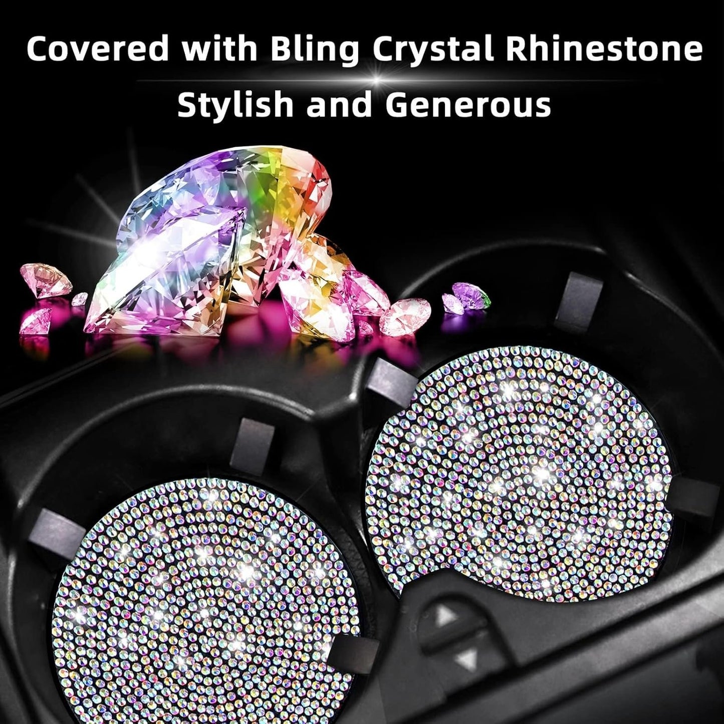 Car Cup Coaster, Universal Bling Crystal Rhinestone Car Cup Insert Coaster, 2.75 inch Anti-Slip Shockproof Cup Mat, Auto Drink Pad Car Interior Accessories for Women Men (AB Colorful Crystal)