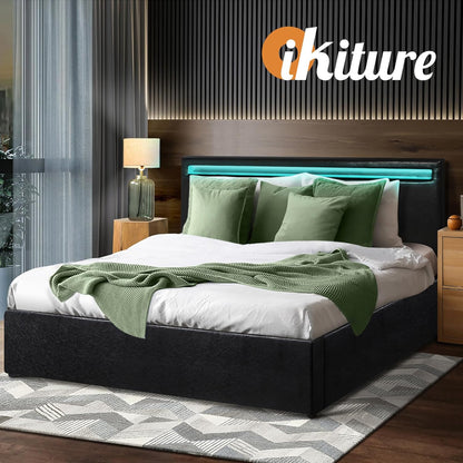 Oikiture Bed Frame Double Size Pu Leather Bed Frame Gas Lift with Storage and LED Light Bed Base Black