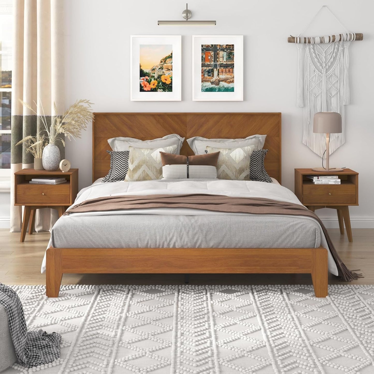 Galano Weiss Clara Queen Bed Frame with Headboard – Amber Walnut Bed Frame Queen Size, Bedframe Queen Size, Base de Lit Queen, Also Fits Double, Full, Mattress Foundation, 64.49"L x 85.47"W x 40.28"H