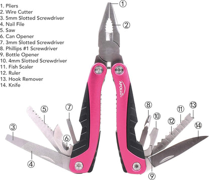 Apollo Tools 14-in-1 Pink Steel Pocket Multitool Pliers