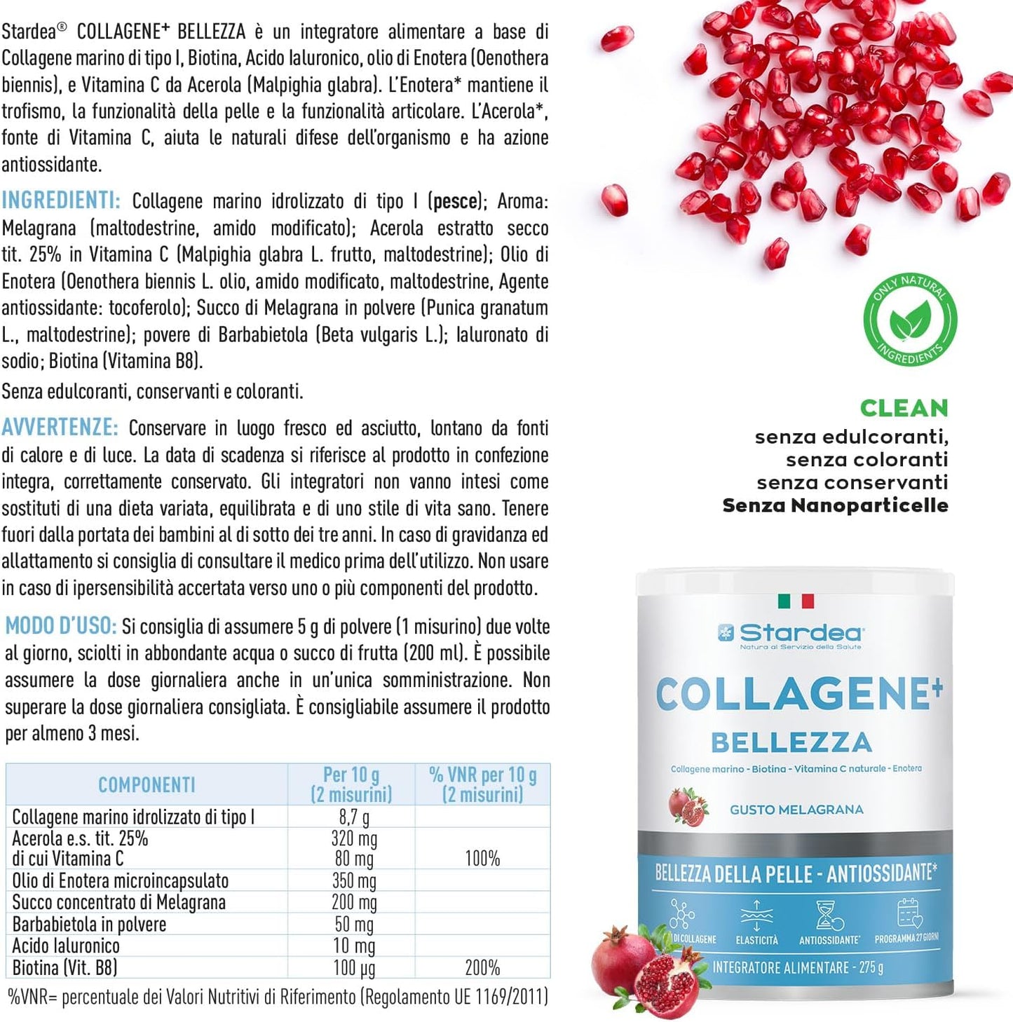 STARDEA Collagen + Beauty | Hydrolyzed Marine Collagen Type 1 with Hyaluronic Acid and Biotin | Hydration, Anti-ageing Skin Tone, Skin and Hair Flavour Pomegranate Powder 275 g