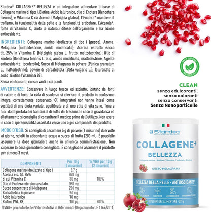 STARDEA Collagen + Beauty | Hydrolyzed Marine Collagen Type 1 with Hyaluronic Acid and Biotin | Hydration, Anti-ageing Skin Tone, Skin and Hair Flavour Pomegranate Powder 275 g