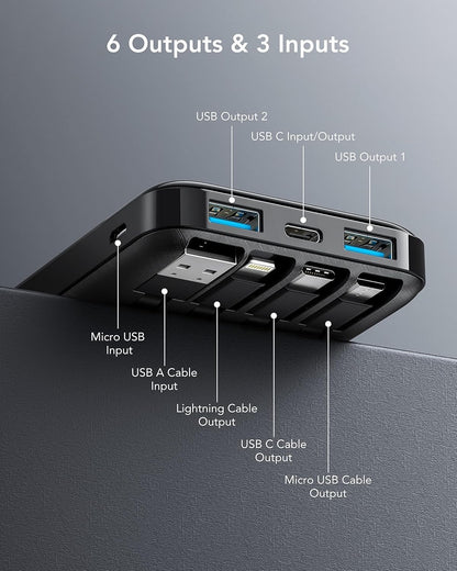 Charmast Power Bank with Built in Cable, 10000mAh USB C Battery Pack 6 Outputs 2 Inputs with LED Display Type C Powerbank Portable Charger Compatible with Smartphones Tablets and More (Black)
