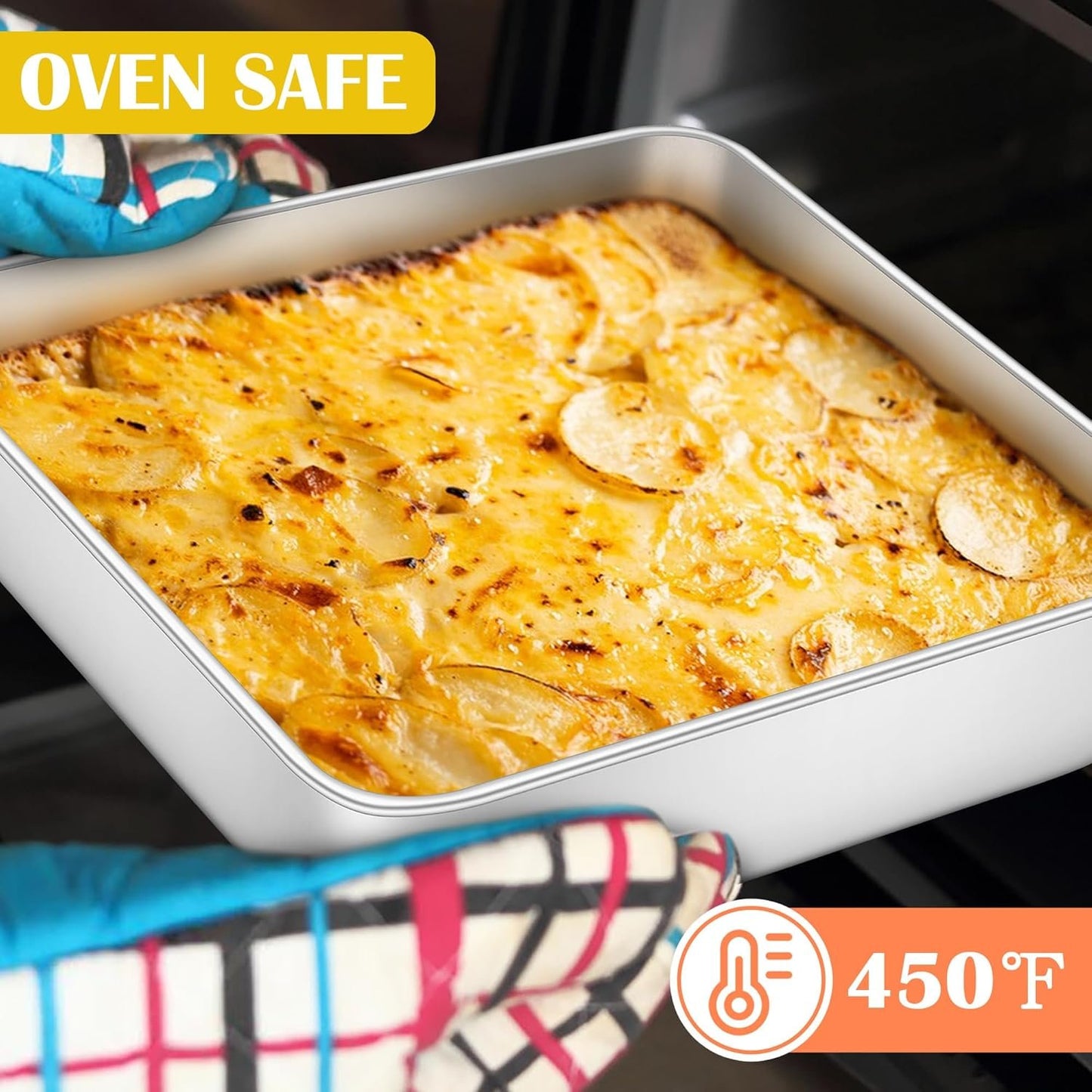 E-far 8x8 Inch Square Cake Pan, Stainless Steel Baking Pan for Lasagna Brownies Casseroles, Silver Square Bakeware for Oven Cooking, Non-Toxic & Rust Free, Dishwasher Safe, 2 Inch deep
