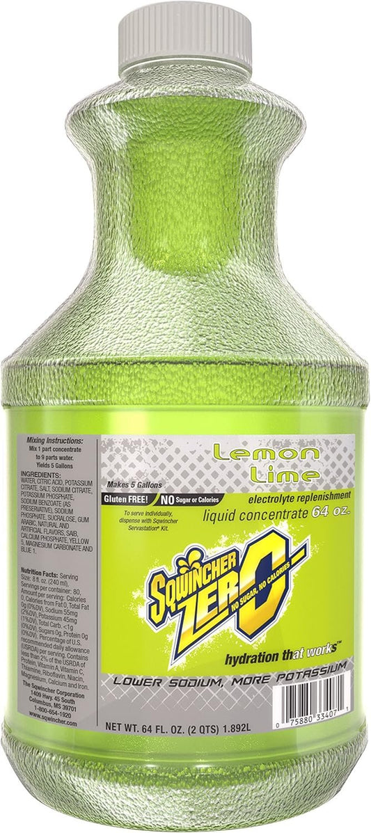 Sqwincher Zero Liquid Concentrate, 64 oz, Lemon Lime, No Stir Formula, Yields 5 Gallons