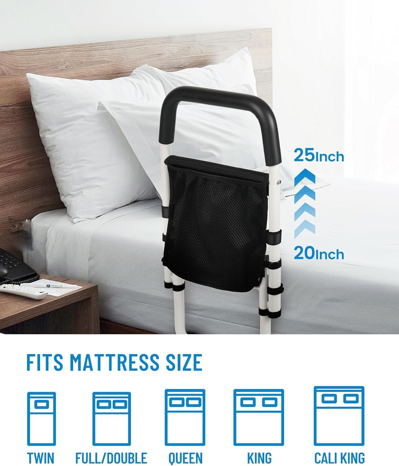 STABASE Bed Rail for Elderly Adults, Adjustable Safety Assist Rail with Storage Pocket, Sturdy Design Supports up to 136 kg, Fits Single, Double, Queen & King Beds, Tool-Free Installation
