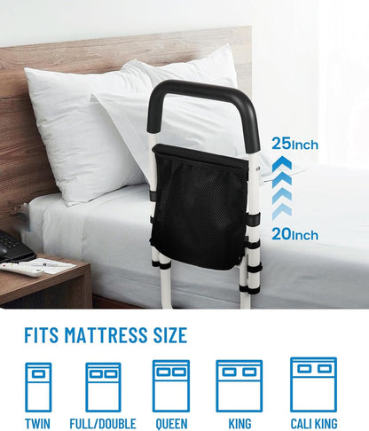 STABASE Bed Rail for Elderly Adults, Adjustable Safety Assist Rail with Storage Pocket, Sturdy Design Supports up to 136 kg, Fits Single, Double, Queen & King Beds, Tool-Free Installation