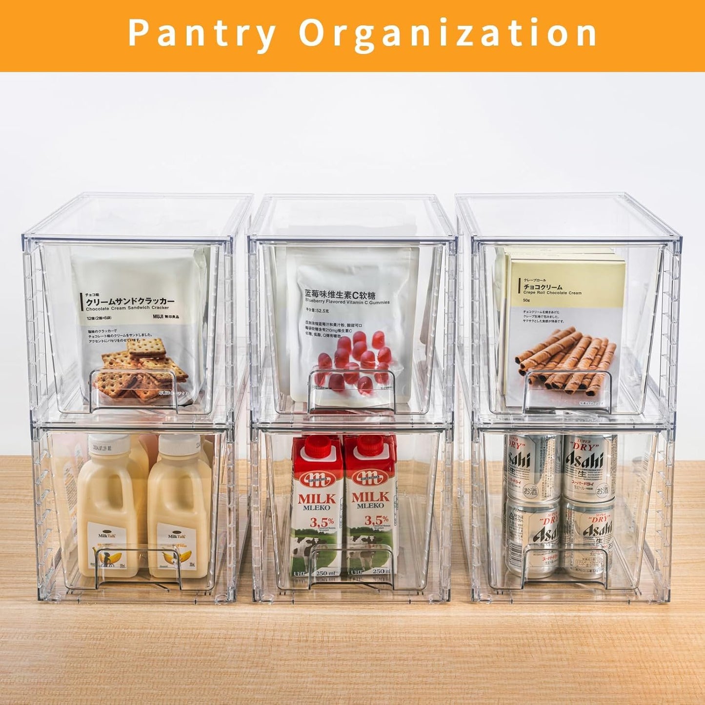 Zero Zoo 4Pack Large Stackable Kitchen Storage Drawers, Clear Foods Organizer Bins with Handles, Easily Assemble for Bathroom, Kitchen, Pantry, Cabinet, Closet (Down Handled)