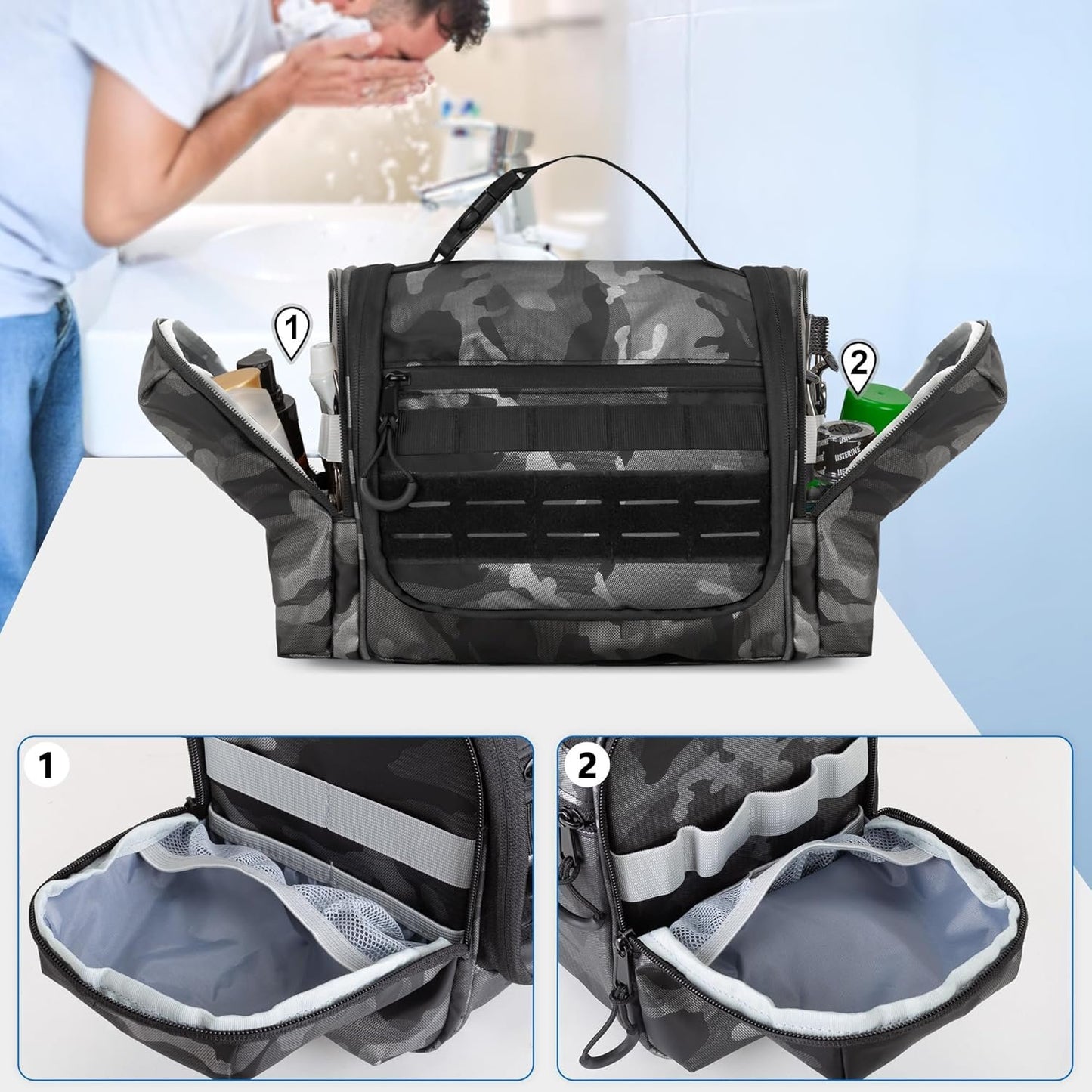 Prokva Hanging Toiletry Bag for Men, Tactical Dopp Kit Toiletry Travel Bag, Large Hygiene Organizer Shower Bag for Camping Outdoor, Black Camo