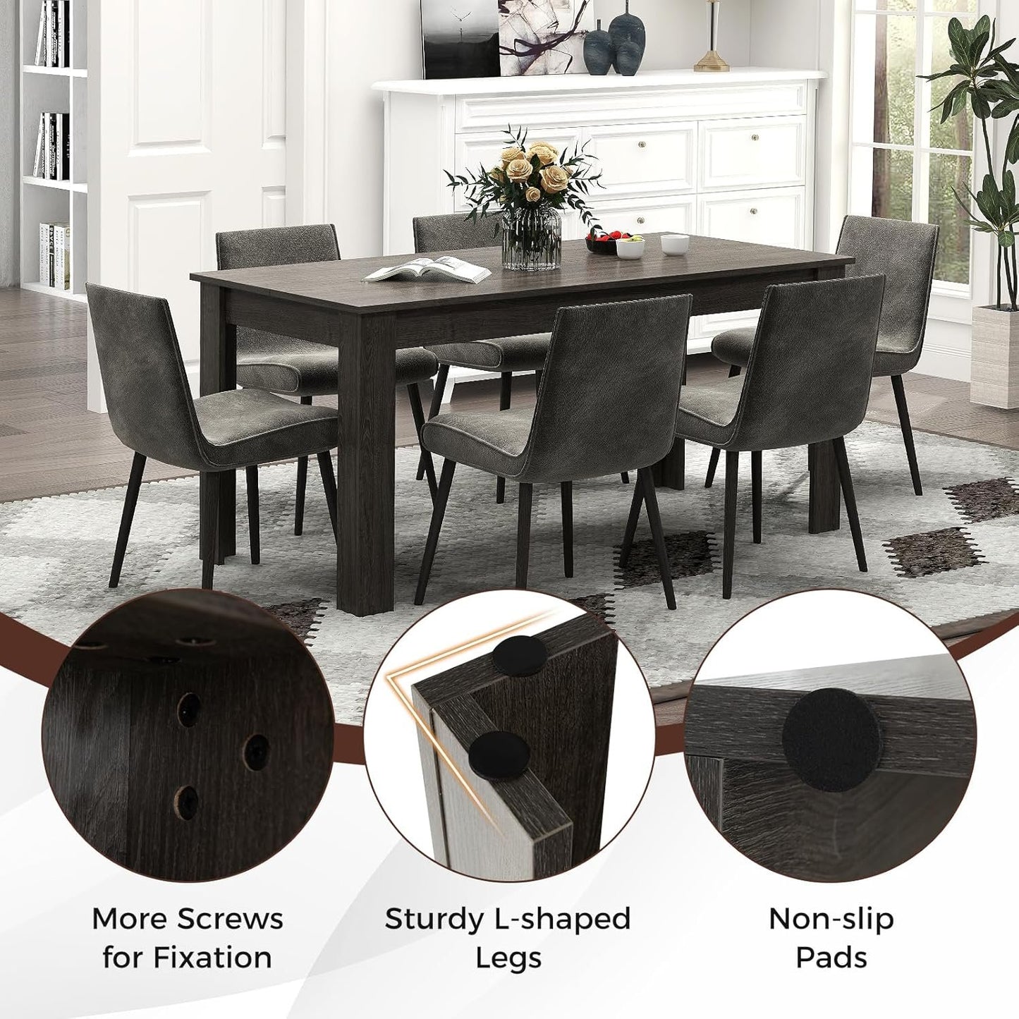 COSTWAY Dining Table for 4-6 People, 63” Rectangular Dining Room Table, Farmhouse Dinette Table with Large Computer Workstation, Modern Kitchen Table for Apartment, Living Room, Restaurant (Grey)