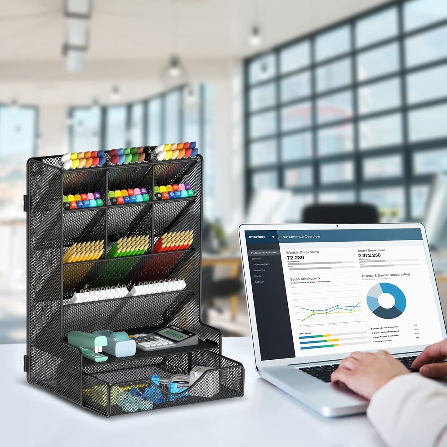 BOHDK Pen Organizer for Desk, Multi-Functional Desk Organizer, Hanging Wall Pen Holder with Drawer for School, Office, Home, Art Supplies, Black