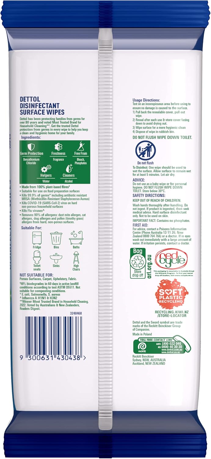 Dettol Biodegradable Antibacterial Disinfectant Surface Cleaning Wipes Fresh, 270s (6 x 45’s)