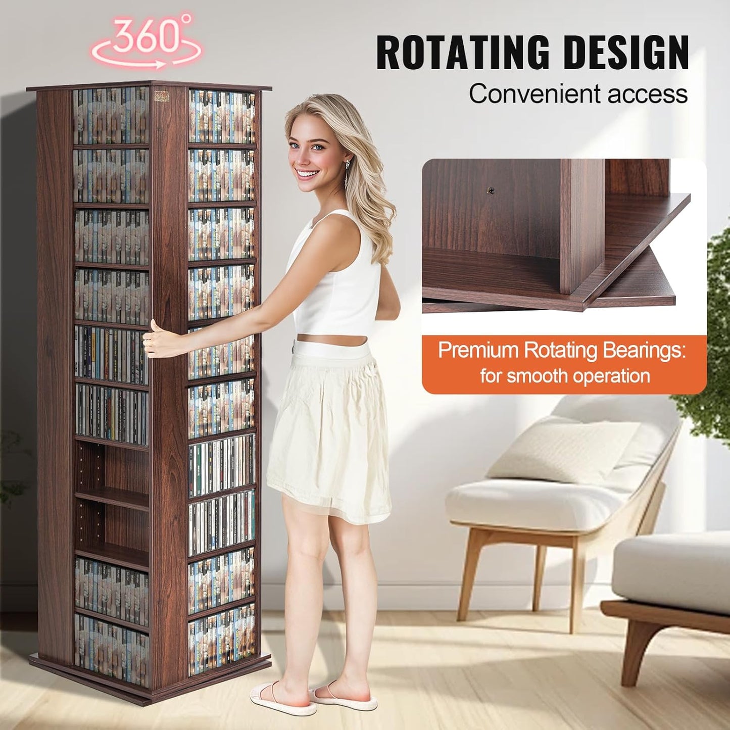 VEVOR Espresso Rotating Media Tower, 10-Adjustable Shelf, Wood & Iron, 164.5cm, Brown, Home Organization, Media, Memorabilia