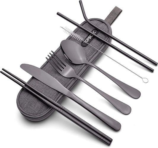 Travel Stainless Steel Utensils Set with Case – 8-Piece Reusable Flatware Kit Includes Fork, Knife, Spoon, Chopsticks, Straws, Brush & Bag – Portable Cutlery for Camping, Work, Picnic (Black)