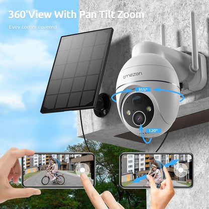 TMEZON Solar Battery Surveillance Camera Outdoor, 2K Wireless PTZ WLAN IP Outdoor Camera with Colour Night Vision, PIR Motion Sensor, Siren/White Light Alarm, 2-Way Audio, 2.4GHz WiFi CloudEdge App
