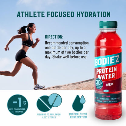 BODIE’Z Optimum 30g Whey Protein Water - Pre-Mixed Protein Powder Drink Less than 1g Sugar Fat and Carbs, 11 Vitamins and Minerals, Supplement for Lean Muscle Growth and Recovery, 500ml Berry 6 Pack