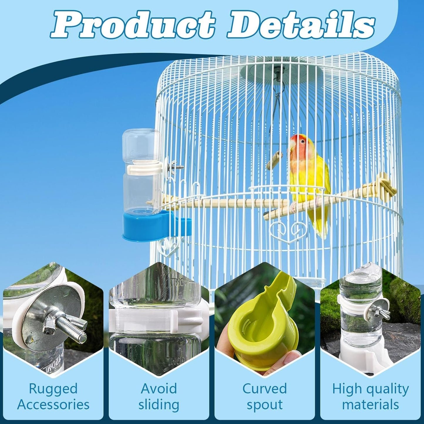BELEFU Automatic Bird Water Dispenser, 4.7 Oz Plastic Suspended Bird Waterer, No Mess Parakeet Water Feeder for Cage Feeding Parrot Cockatiel Budgie (White, Green, Blue)