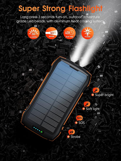 Solar Power Bank, 26800mah Portable Charger PD 20W & QC3.0 18W & Wireless 10W with 5 Outputs 2 Inputs Fast Charging Waterproof 6W LED Flashlight for iPhone 15/14/13, Galaxy, iPad, Tablets (26800mAh)