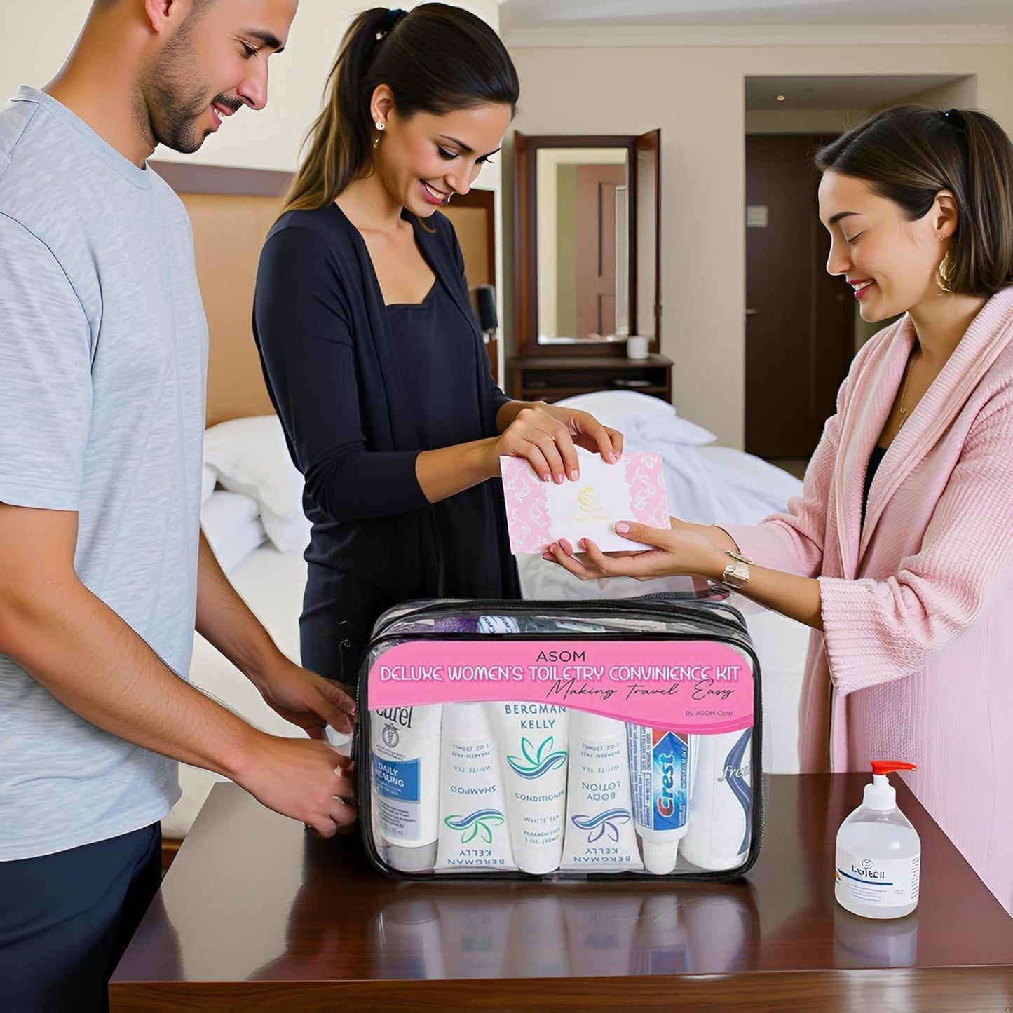Asom Travel Toiletries Convenience Kit, Personal Care Toiletry Wellness Accessory Hygiene Essentials Set, Clear TSA Approved Traveling Unisex Toiletry Accessories Kits, 36 Pc., Clear, Handheld, Women Toiletries Convenience Kit