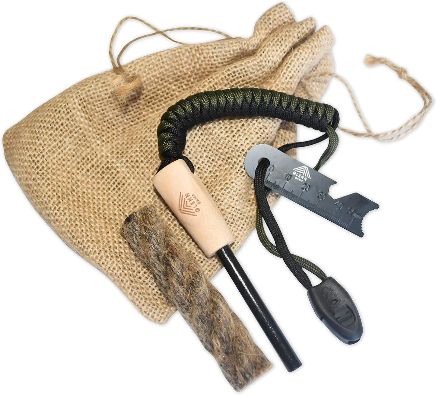 GLENN CAMP Ferro Rod Flint Fire Starter Kit: Lanyard Cord, Whistle, and Tinder Wick - Ultimate Survival and Camping Gear
