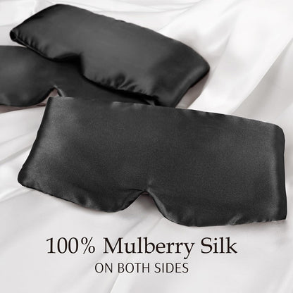 (Black) - 100% Mulberry Silk Sleep Mask Eye Mask for Man and Woman with Adjustable Hook and loop Headband, Full Size Large Sleep Mask & Blindfold for Total Blackout for All Night Sleep, Travel & Nap- Black