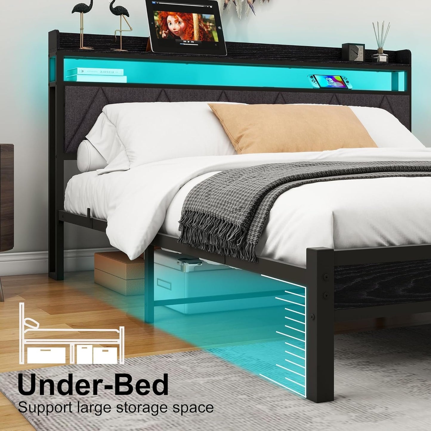 VERFARM King Size Bed Frame with LED Lights Storage Upholstered Headboard and Charging Station, Heavy Duty Metal Platform King Size Bed Frame, No Box Spring Needed, Noise Free, Easy Assembly