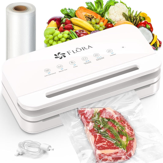 FLORA Food Vacuum Sealer Machine - Heavy-Duty Dry & Moist Food Preserver - Built-in Cutter, Compact Design - LED Indicator, White - FVS-5199