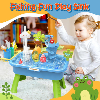 21" H Play Sink with Running Water, 4-in-1 Kids Kitchen Sink Toy with Electric Faucet, Mini Water Table with Detachable Legs, Fishing Game, Pretend Play Dishwasher Gift Set for Boys & Girls(Blue)