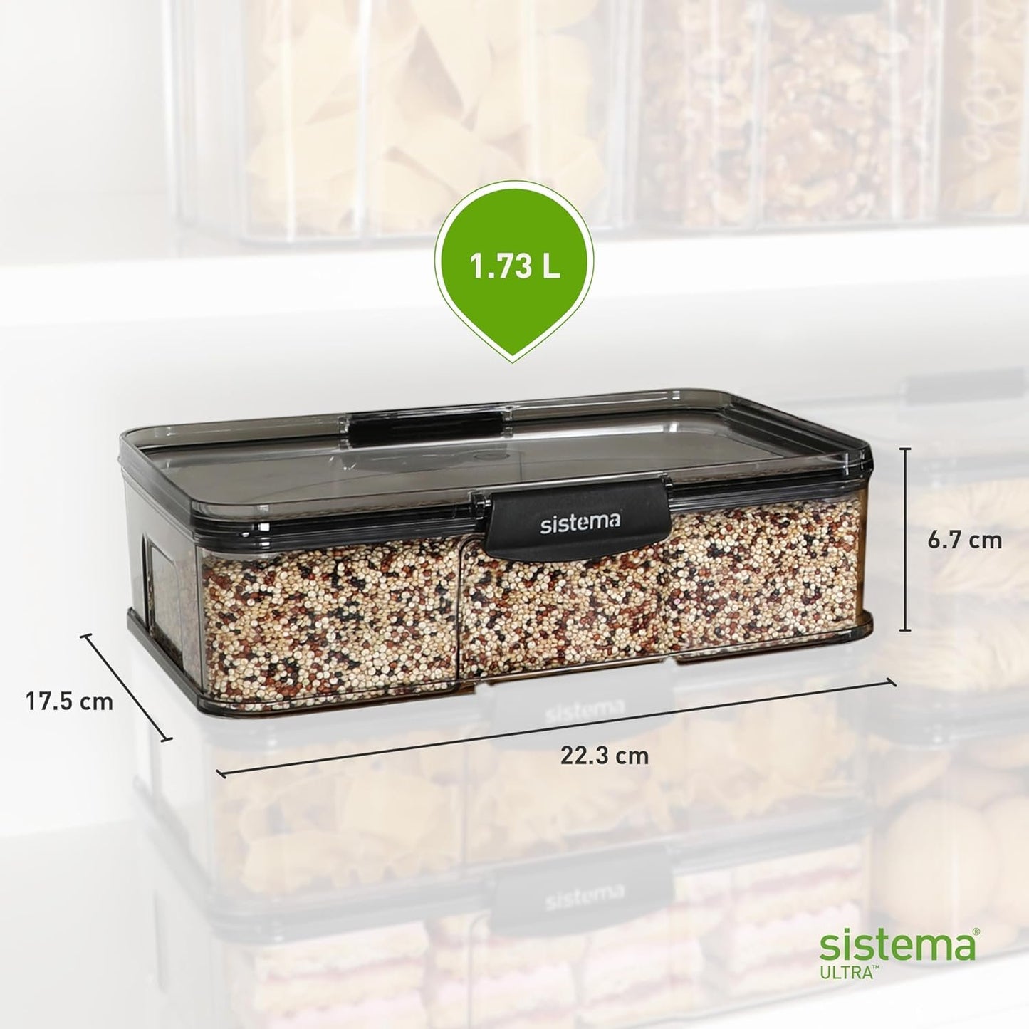 Sistema Ultra 1.73L Rectangle Food Storage Container | Stackable | Airtight Pantry Storage Container with Locking Clips | BPA & Phalate Free | Clear with Black Accents