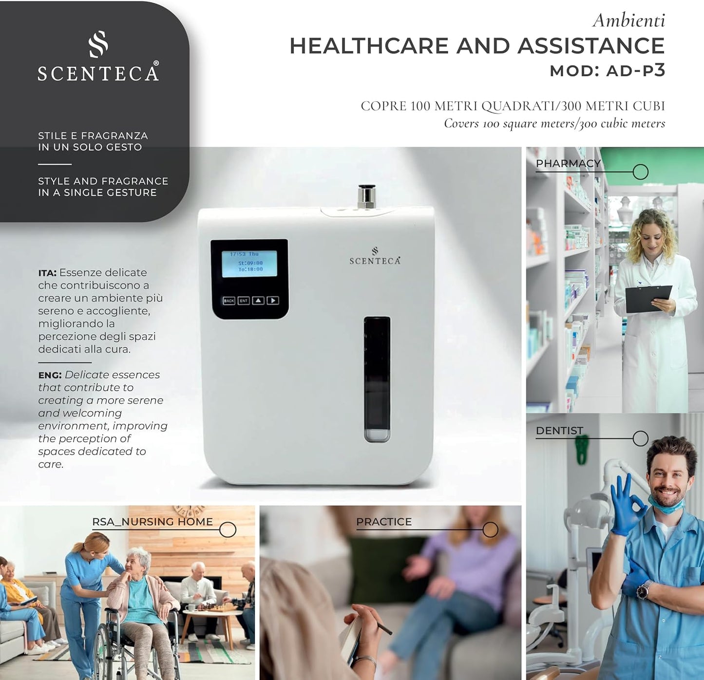 SCENTECA® AD-P3 Fragrance Diffuser for Domestic and Commercial Use Mist, Connectable Hvac, Coverage up to 100 m²/300 mc, 100 ml Fragrance Included "The White and Spring Flowers"