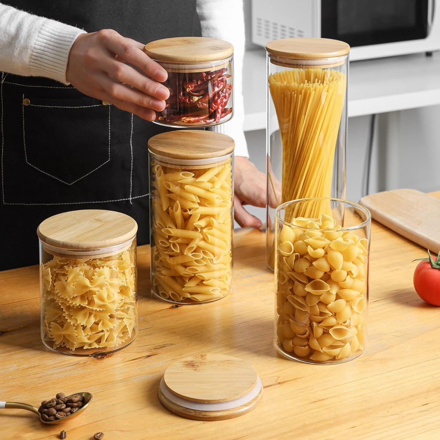 ComSaf 70oz Glass Spaghetti Pasta Storage Container with Bamboo Lids 2050ml Set of 3, Round Tall Clear Airtight Food Storage Jar, Kitchen Pantry Storage Container for Noodles Cereal Coffee Beans