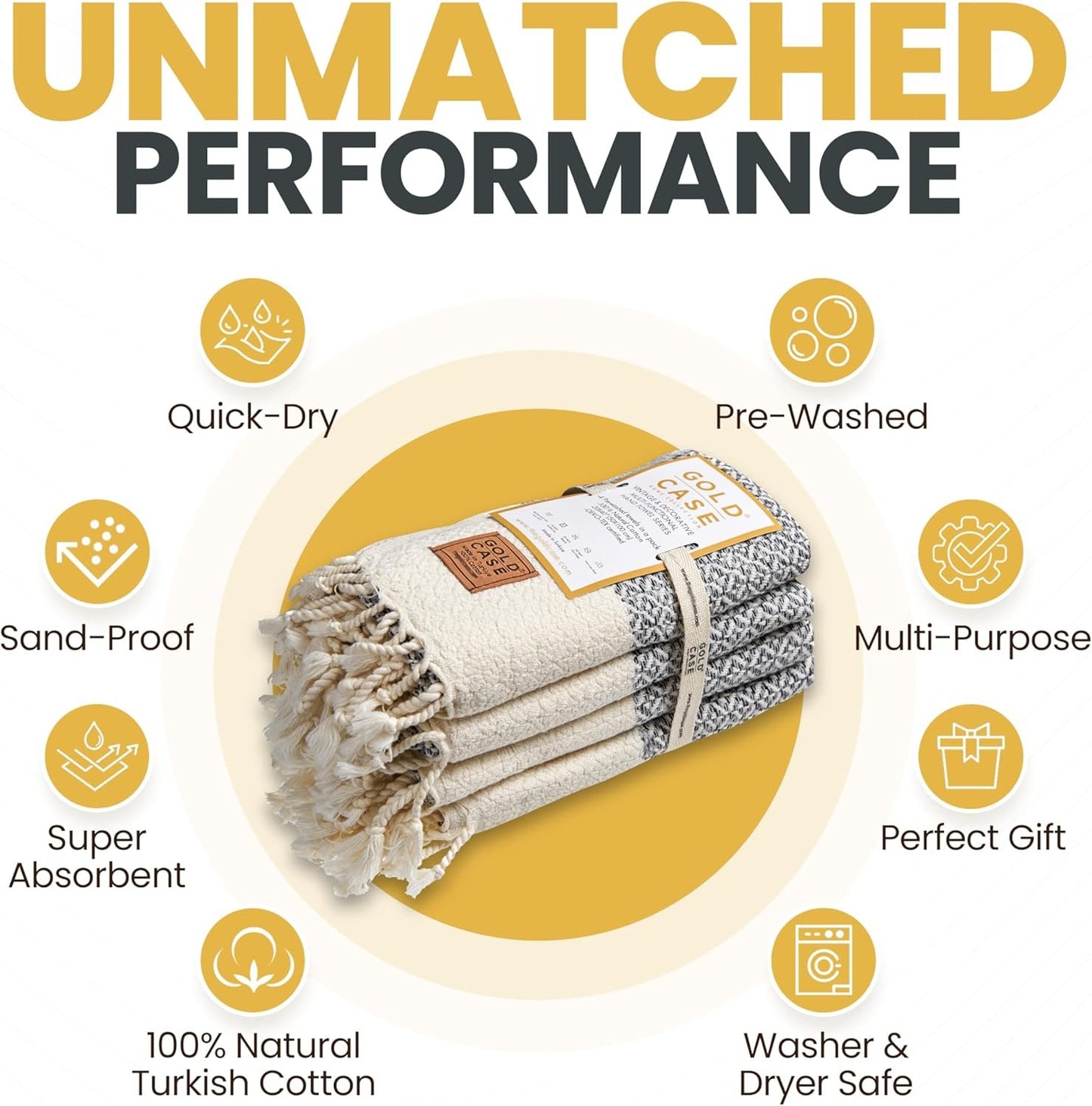 Gold CASE Turkish Hand Towels for Bathroom Set of 4 – 20 x 40'' – 100% Cotton Bathroom Towels – Aphrodite Kitchen Small Towel for Spa, Face, Tea & Dishcloth – Decorative Patterned Weave – Grey